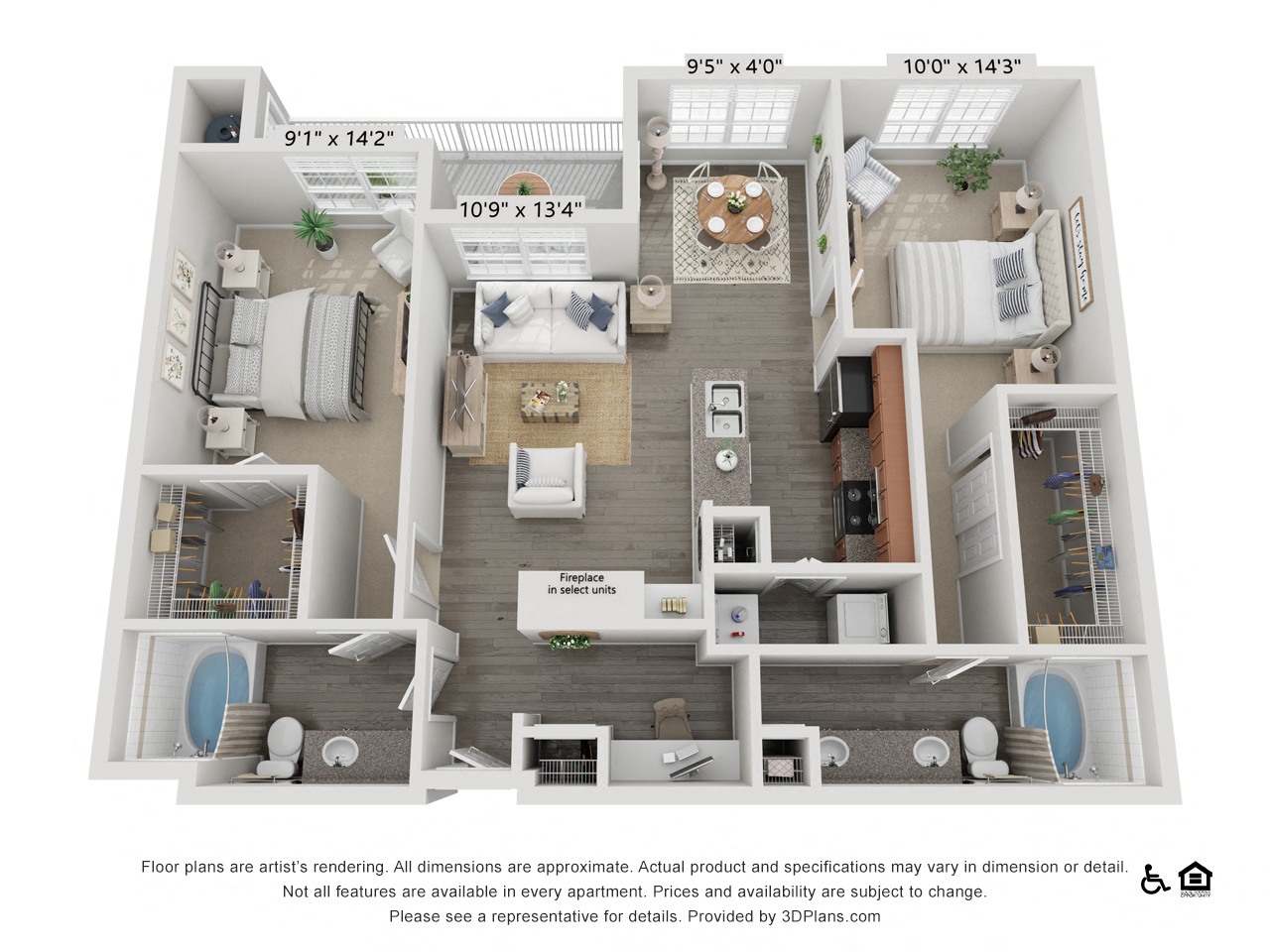 Floor plan for 2 beds, 2 baths, 1204 sqft